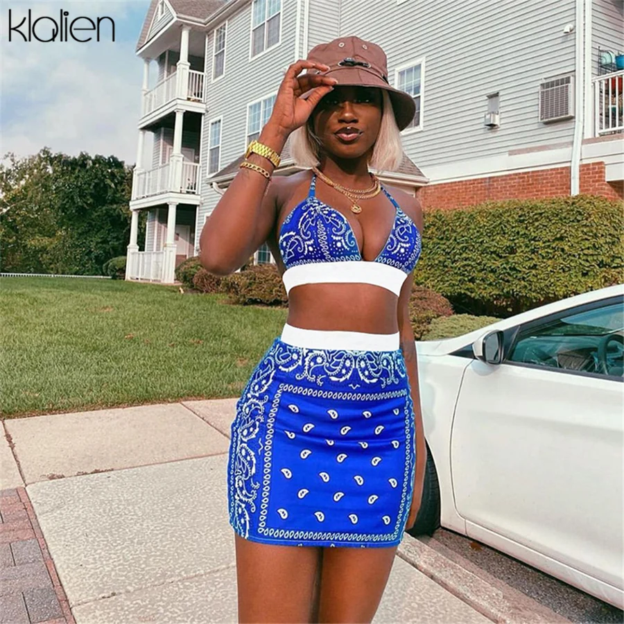 

KLALIEN Women Summer Sexy V Neck Camisole and Mini Skirt Two Piece Skirt Set 2021 New Fashion Beach Vacation Print Skirt Set