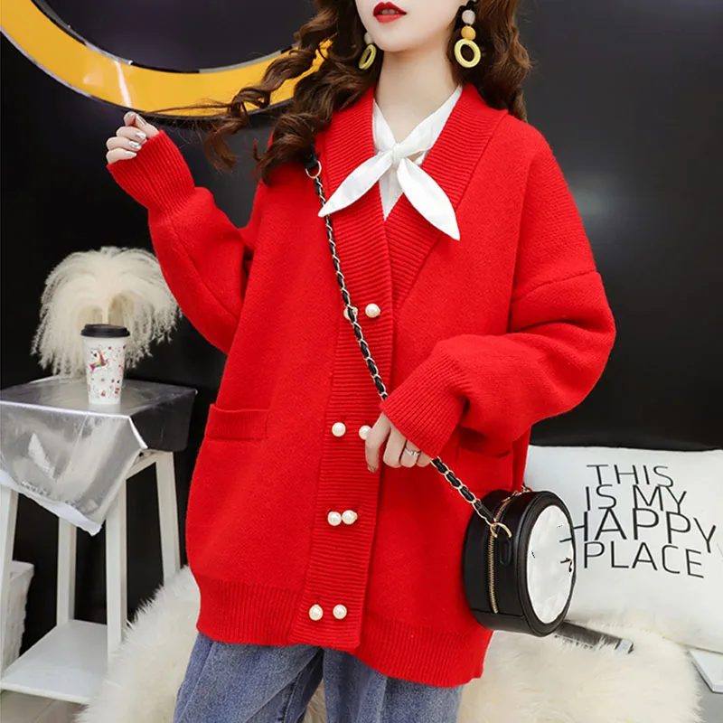 

2020 Oversize Autumn Loose Solid Women's Sweater Coat Pearl Double Breasted Knit Female Cardigan Winter V Neck Cardigan Jacket