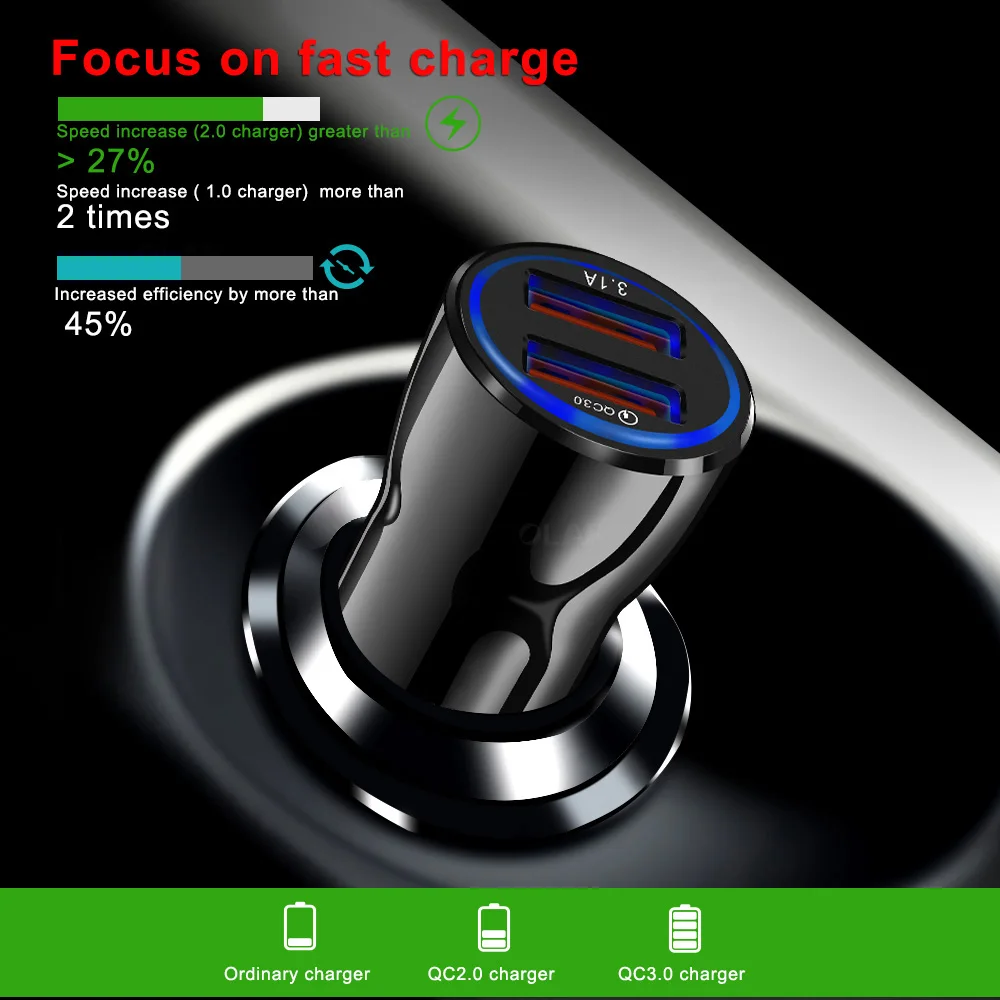 Автомобильное зарядное устройство USB Quick Charge 3 0 для телефона Xiaomi samsung iPhone QC3.0 два