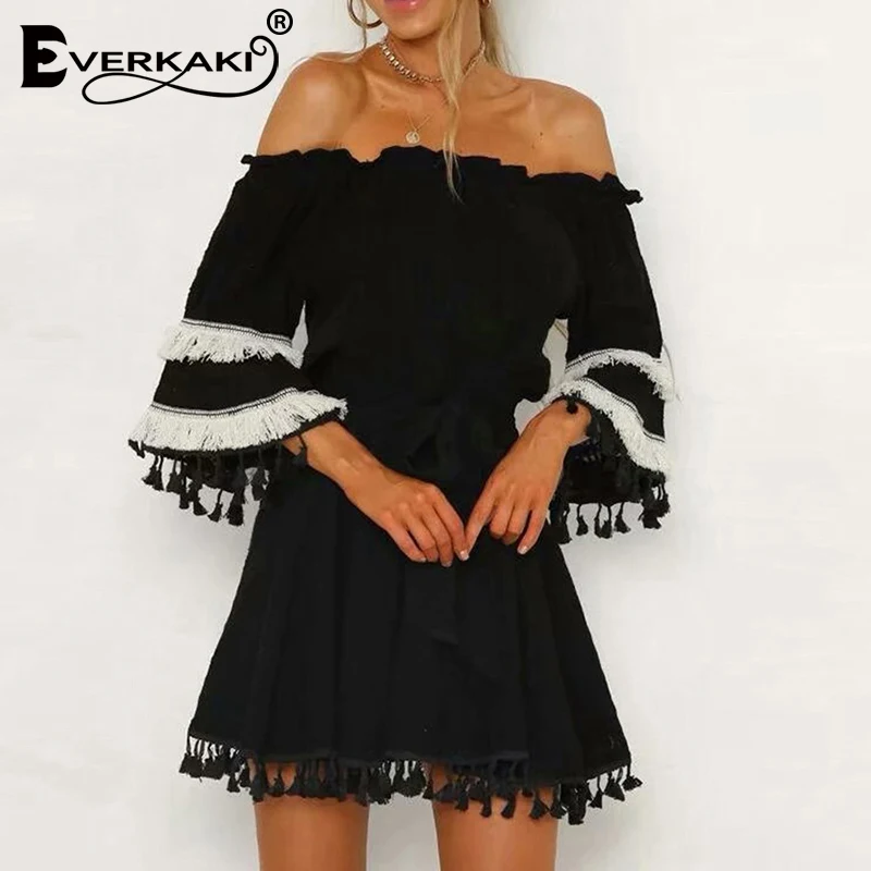 Everkaki Boho кисточки с открытыми плечами мини платье женские пояса винтажные
