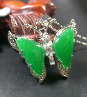 white gold plated green jade imitation diamond butterfly pendant chain necklace
