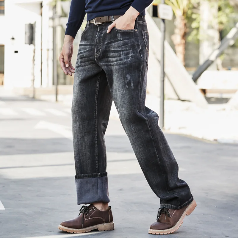 Мужские мешковатые джинсы с флисовой подкладкой черные свободные большого