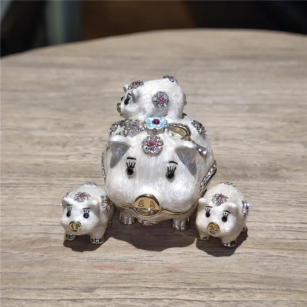 Pewter Pig Trinket Jewelry Box Creative Cute Gifts Metal Craft Collectibles Animal Mother with Three Baby Keepsake Case