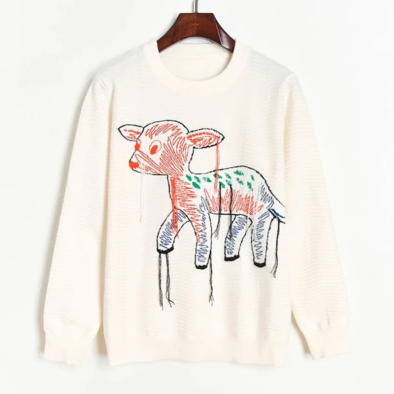 

Runway Sweater Women Harajuku Fawn Embroidery Tassel Loose Pink Pullover Sweater Round neck Knitted Jumper 2020 Winter