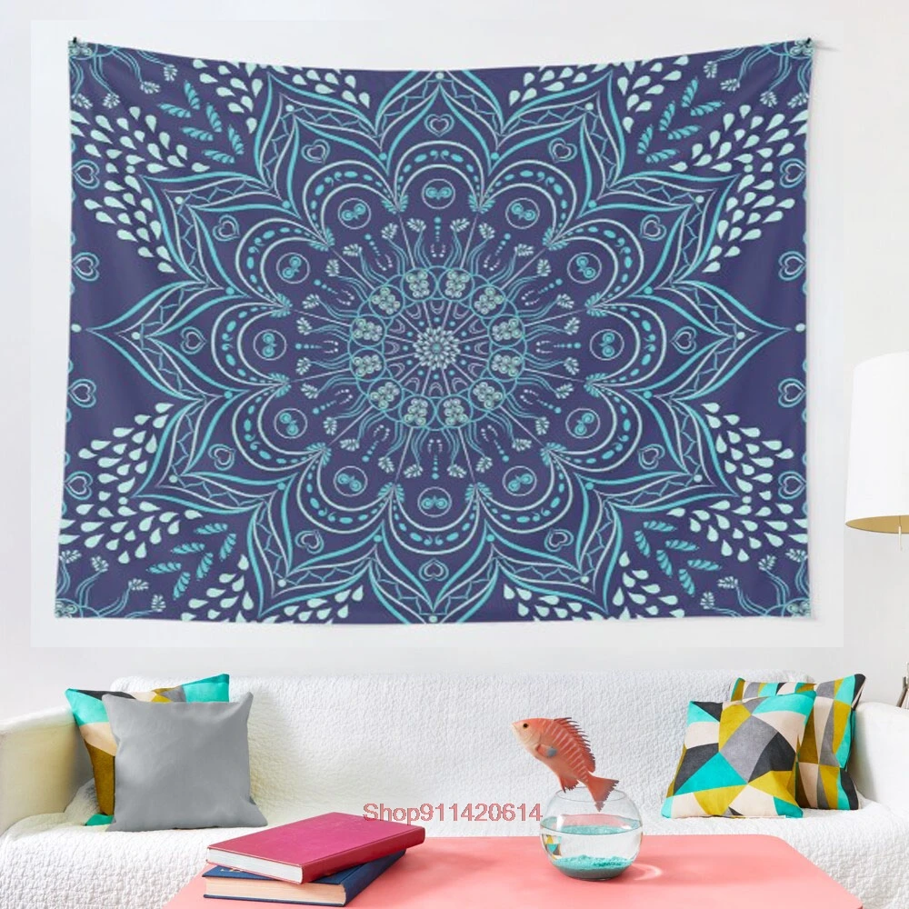 

Navy Blue and Teal Boho Mandala Pattern tapestry More Size home living room bedroom decorative wall blanket