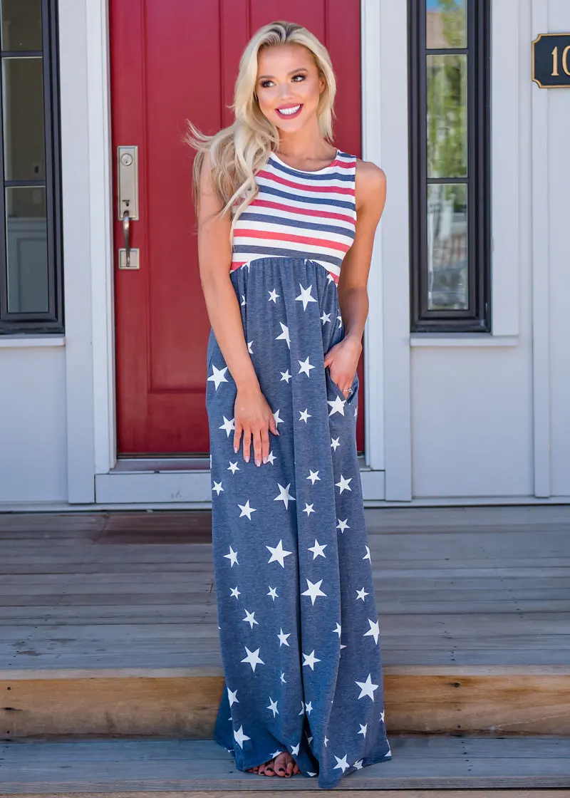 

Women Stripe Print Long Dress Summer New Independence Day National flag Patchwork High Waist Sleeveless O-neck Tank Maxi Vestido
