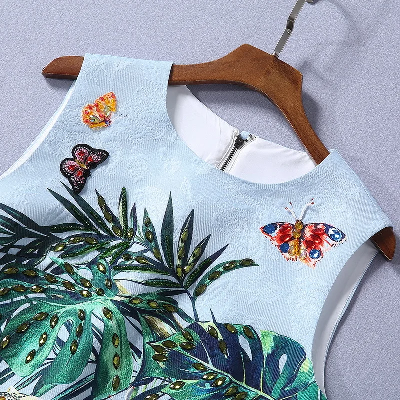 

New European and American women's dresses for spring 2020 Sleeveless Leopard print butterfly nail beads Jacquard dress