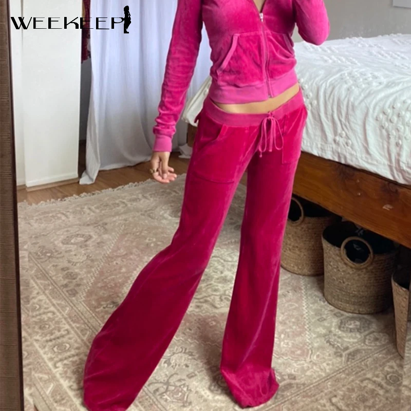 

Weekeep Velvet Casual Pants Women Streetwear High Waist Tie Up Loose Flare Jogger Autumn New Aesthetic Pink Cute Pocket Trousers