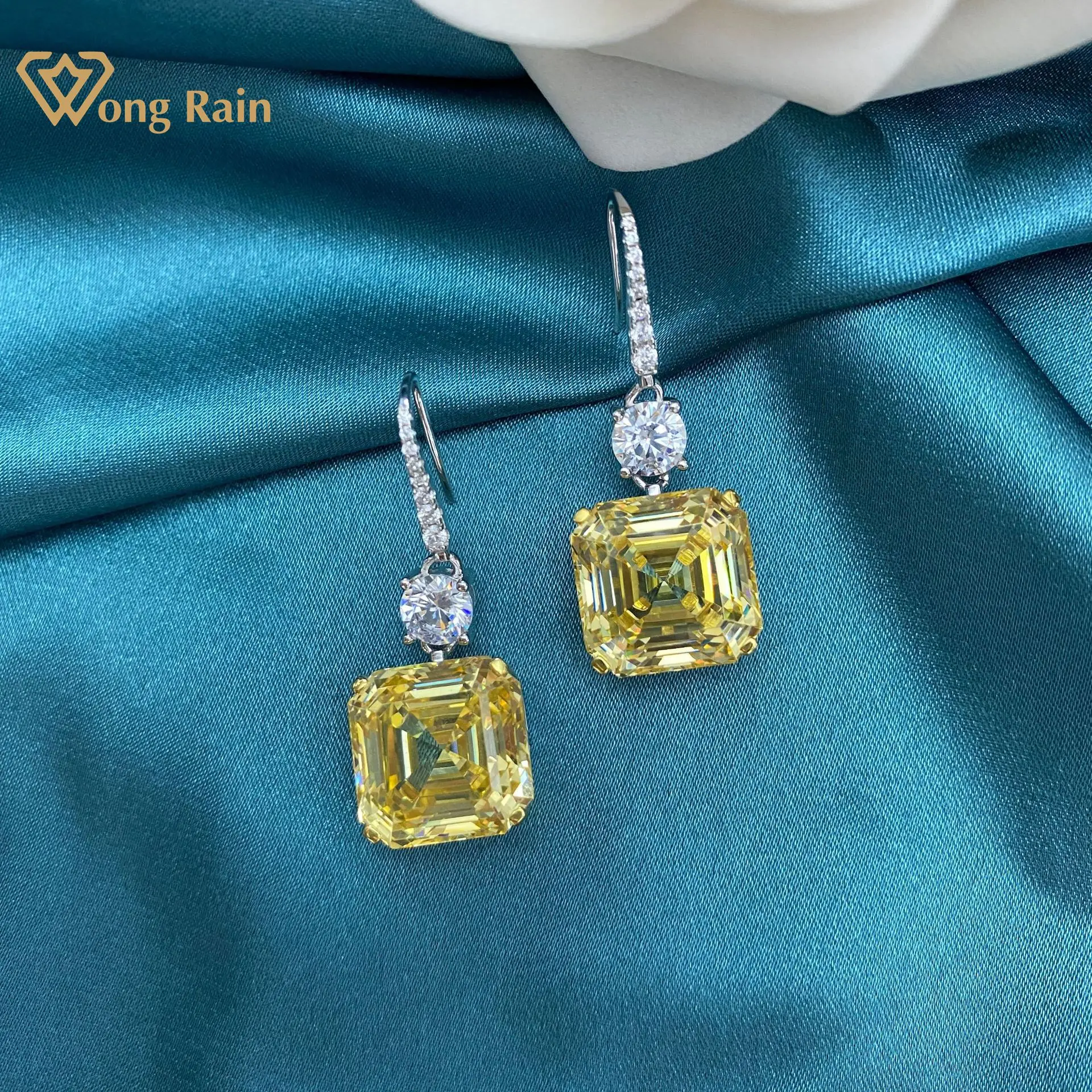 

Wong Rain 925 Sterling Silver Asscher Created Moissanite Citrine Gemstone Drop Dangle Earrings Engagement Wedding Fine Jewelry