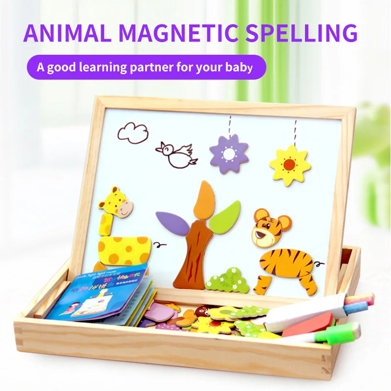 

Wooden Magnetic Toys Children 3D Puzzle Toy Kids Multifunctional Educational Wooden Animal Blocks Drawing Board Kids Drawing Toy