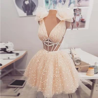 beige fashion cute sexy woman dresses tulle spotted flowers backless ribbon trim mini skirts custom made