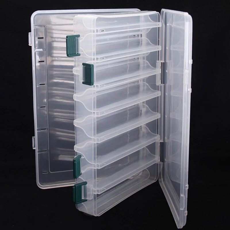 

27*18*4.7CM Double Sided High Strength Transparent Visible Plastic Fishing Lure Box 14 Compartments with Drain Hole Fishing Tack