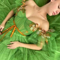 uzn elegant green off the shoulder tulle prom dress new arrival a line short sleeves flowers evening dress plus size pleated