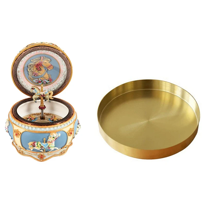 

Carousel Music Box with Sound Control LED Flash Lights Birthday with Round Gold Tray,Metal Decorative Tray