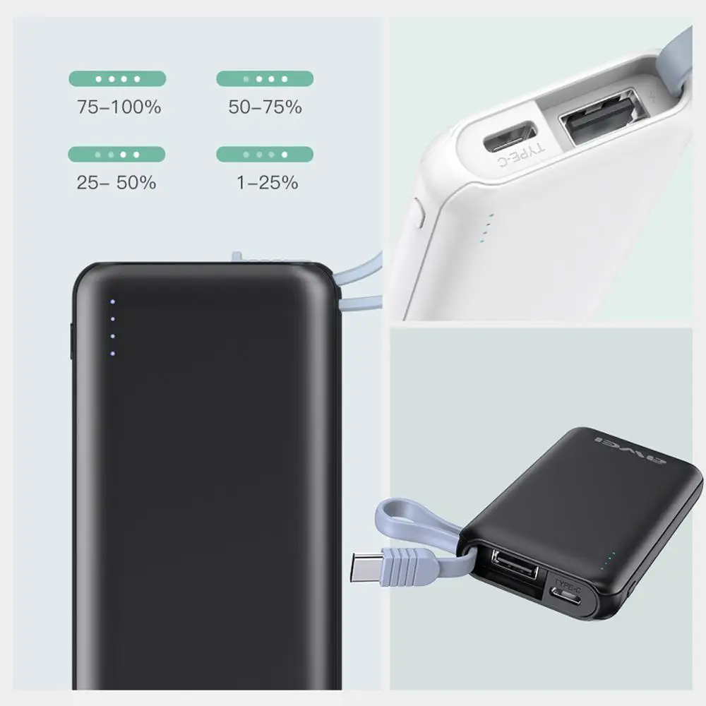 Портативное мини зарядное устройство AWEI на 3000 мА · ч с кабелями типа C компактная