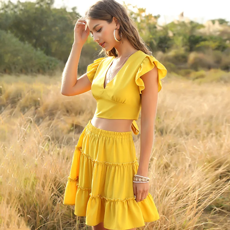 2020 Summer Mini Dress Set for Women V Neck Sleeveless Sexy Ruffles Yellow 2 Piece Vestidos De Fiesta Vacation Clothes | Женская одежда