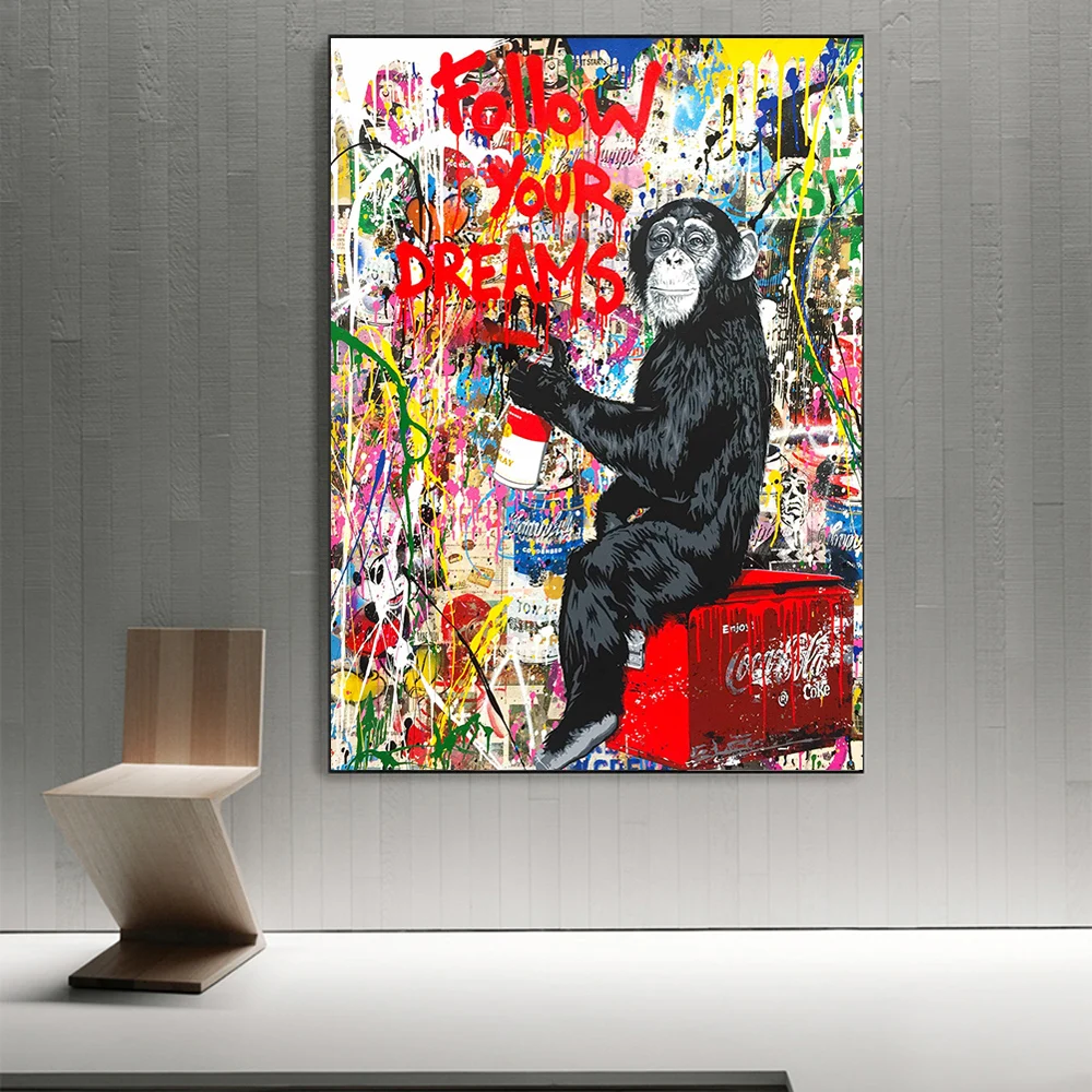Graffiti Orangutan Monkey Chimp Follow Your Dreams Art Canvas Print Painting Gorilla Animal Wall Picture Home Decoration Poster