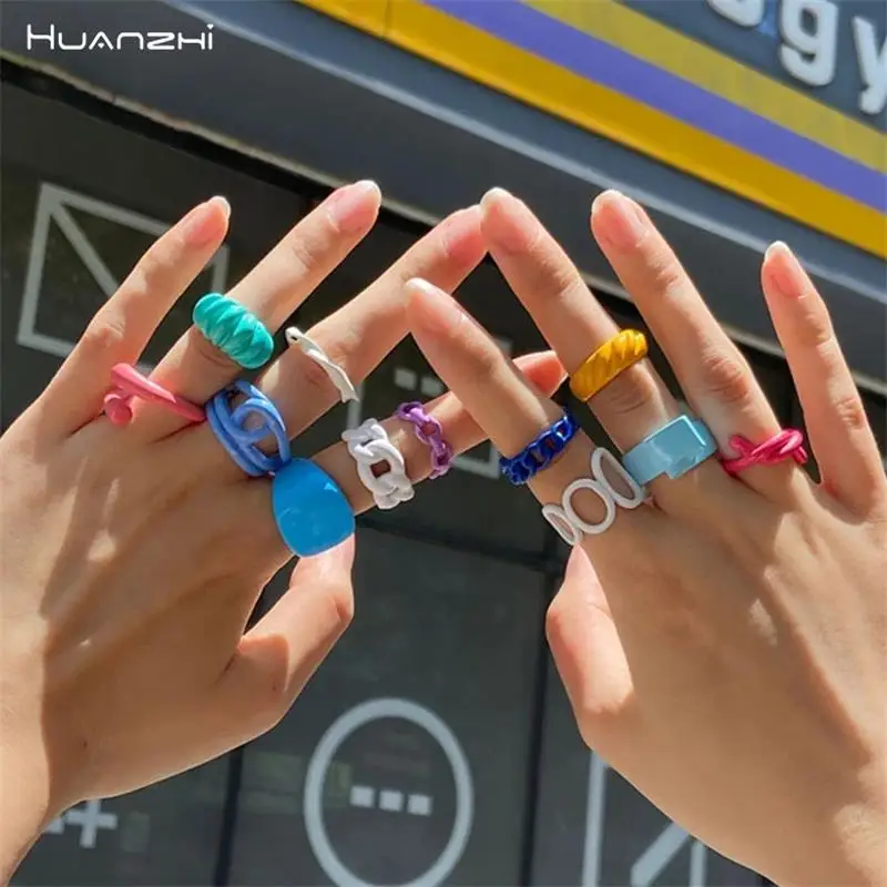 

HUANZHI 2021 INS Trendy Colored Geometric Exaggeration Irregularity Abstract Wavy Open Ring for Women Girls Summer Party Jewelry