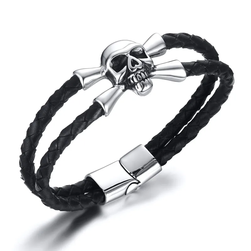 

2022 Fashion Stainless Steel Leather Material Magnet Buckle Ghost Head Two-circle Personalized Bracelet Customized For Men