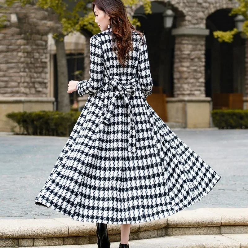

New Winter Women Maxi Long Woolen Coat Belted Slim Fit High Waist Female Plaid Overcoat Single Breasted Padded Wool Blends Coats