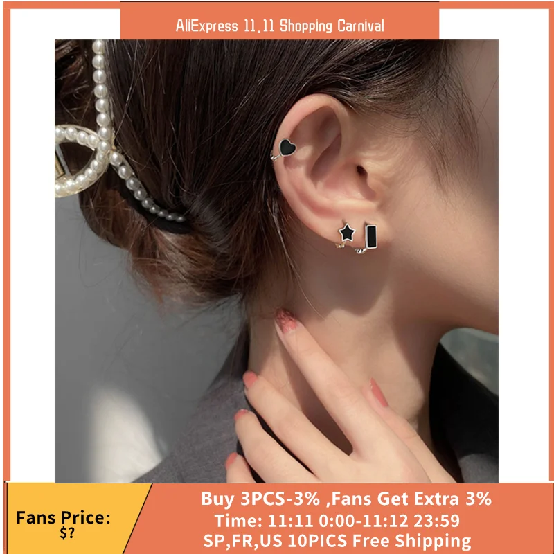 

MC 2021 Fashion Black zircon Star,Heart,Square Tassel Drop Hoop Earrings Women Korean Trendy Plate Silver Wedding Jewelry Gift