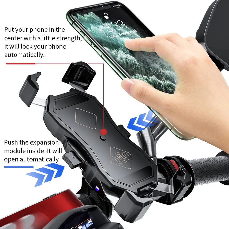motorcycle mobile phone holder 15w wireless smart fast charger usb qc3 0 semi automatic 360 degree rotatable bracket 2 in 1 free global shipping