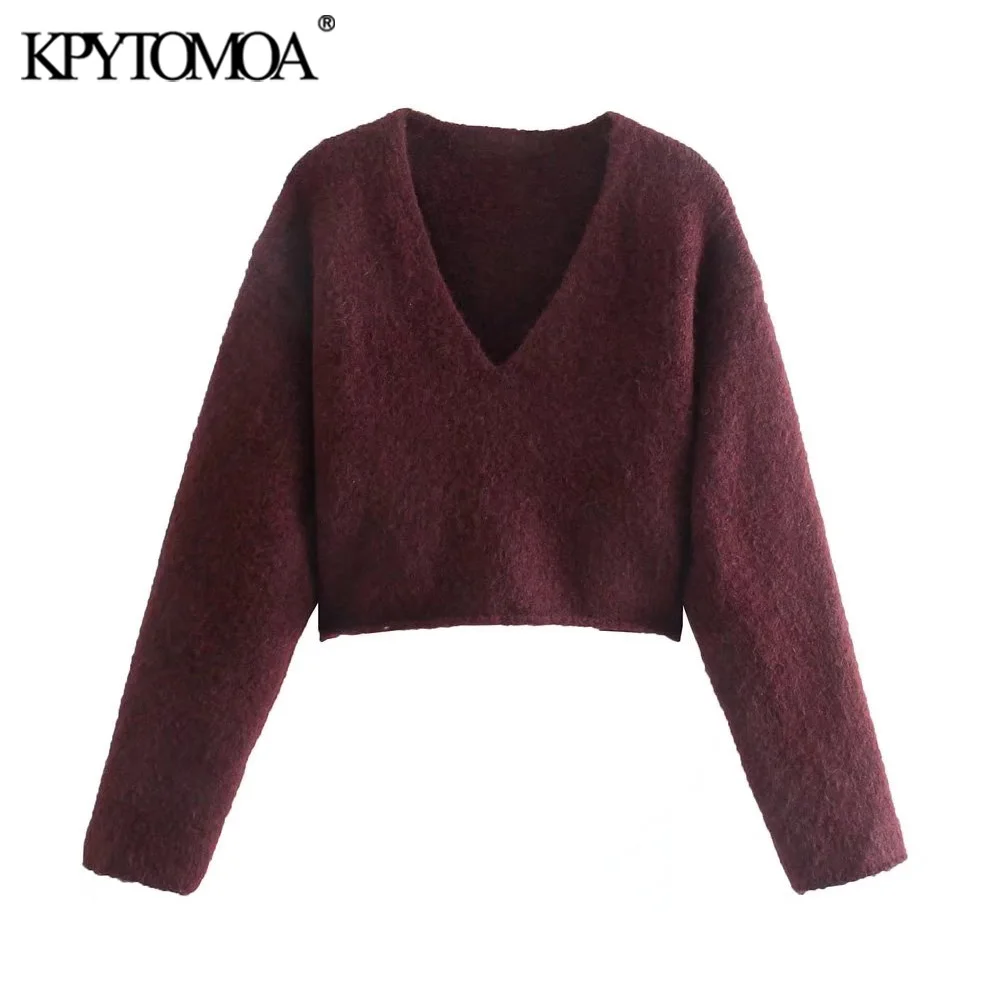 

KPYTOMOA женский 2021 Модный мягкий на ощупь укороченный вязаный свитер винтажные женские пуловеры с V-образным вырезом и длинным рукавом шикарны...