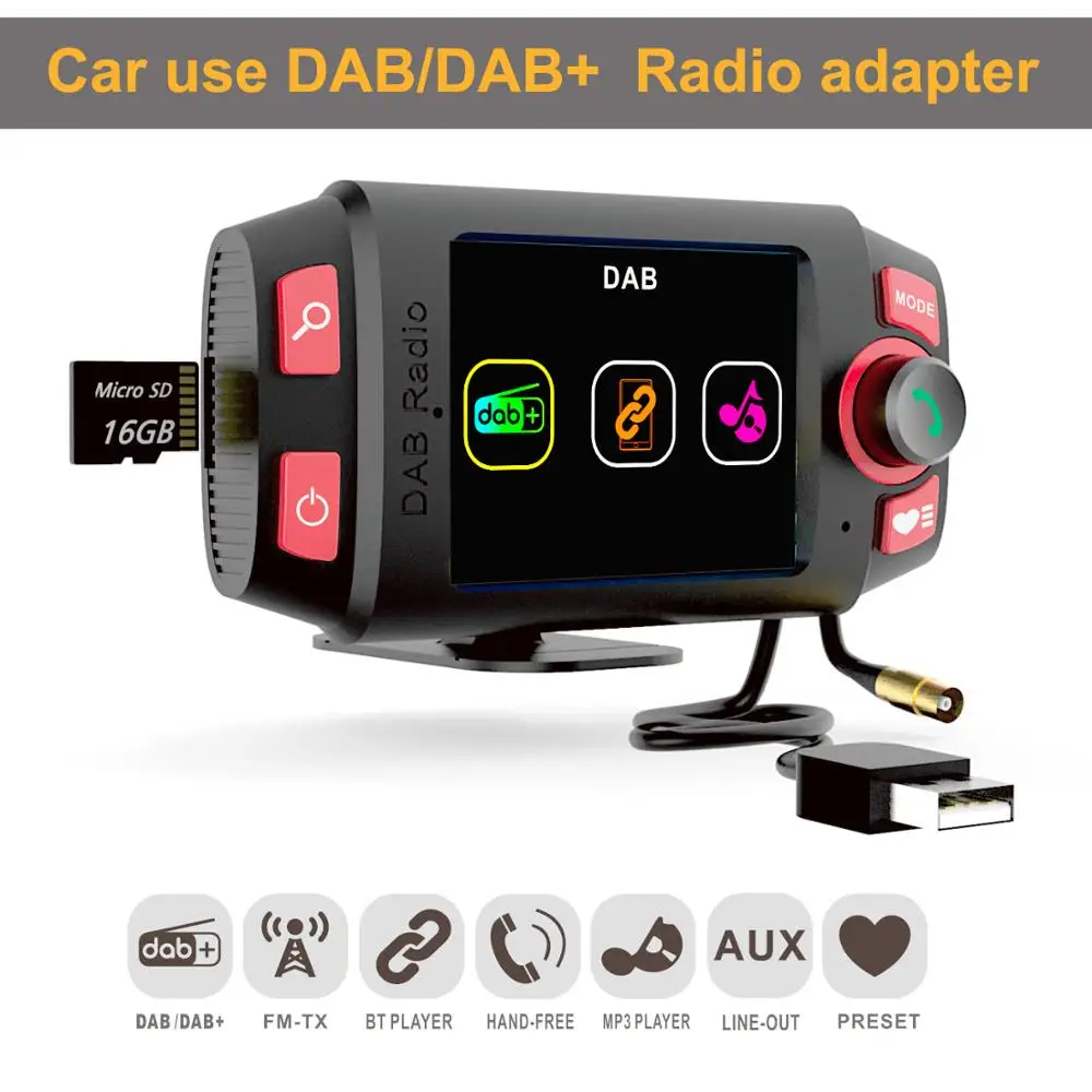 Car Dab + Radio Receiver With Antenna DAB Adapter FM Transmitter Hands-Free Music Car Audio Kit MP3 Player 2.4” Colorful Display