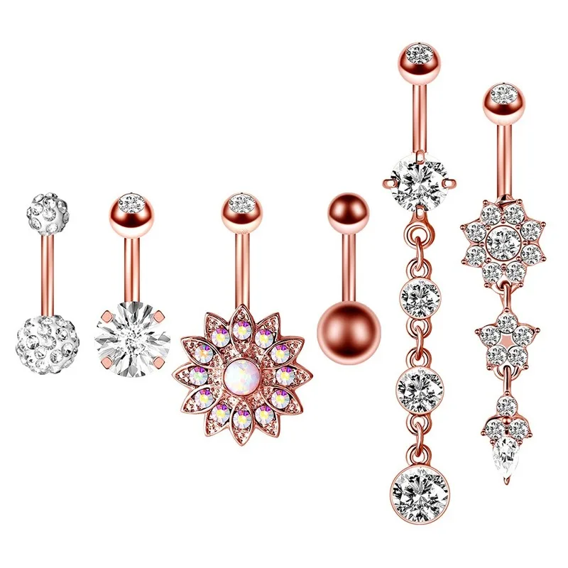 

316 Stainless Steel Rose Gold Navel Ring Flower Dangling Navel Belly Button Piercing Ring Crystal Rhinestone Body Jewelry