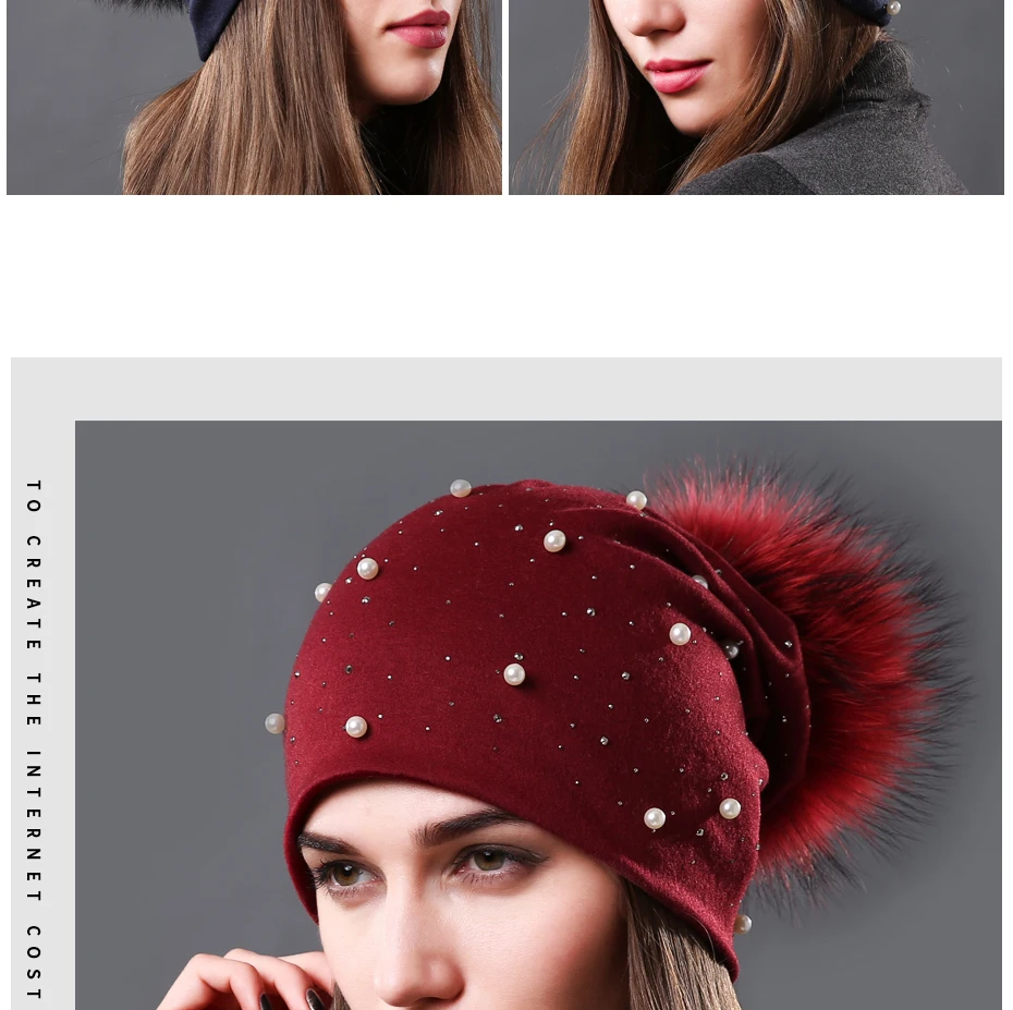 New Women's Pearls Beanies Winter Causal Solid Rhinestone Pearl Slouchy Beanies Hat with Raccoon Fur Pompom Femme Black Cap