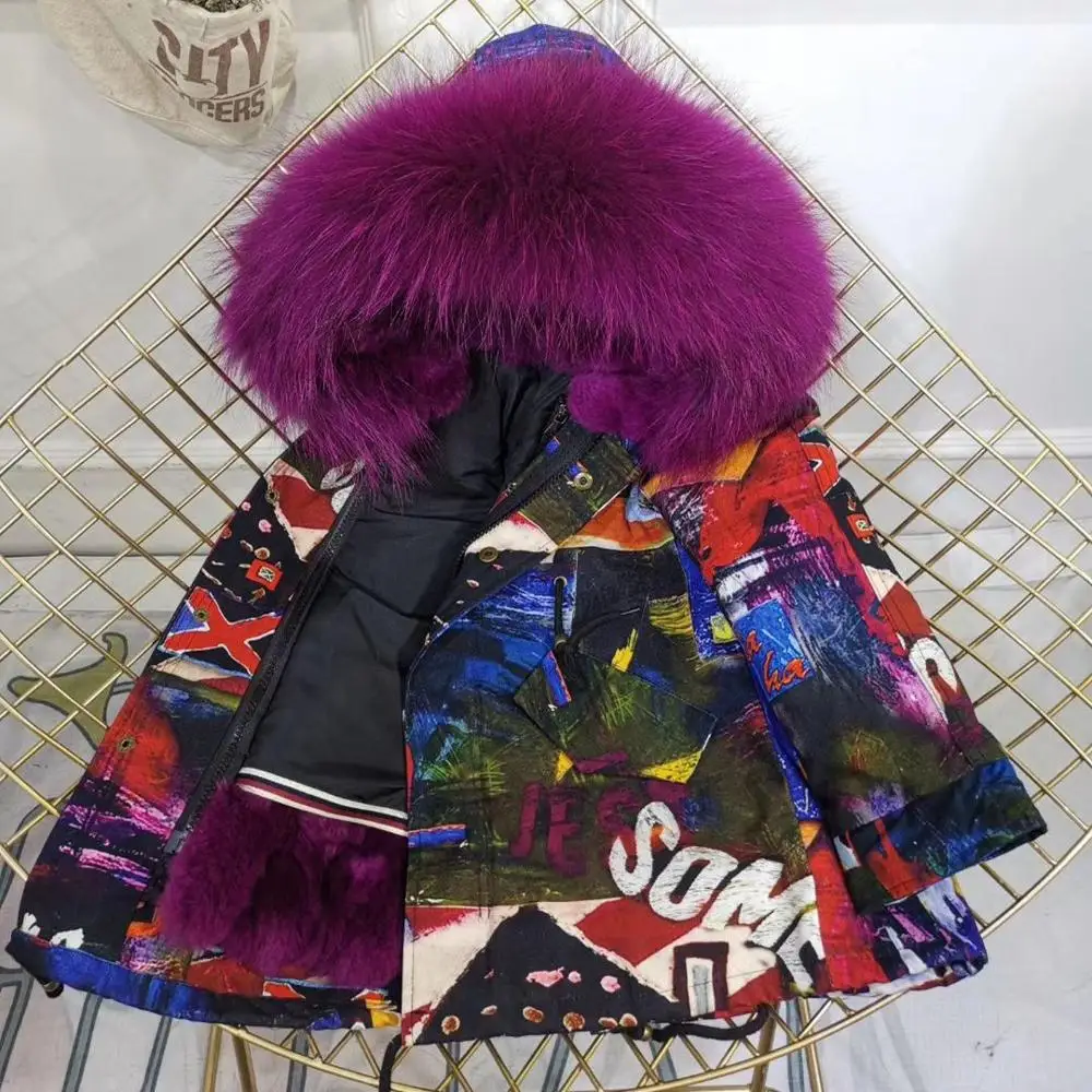 Children Winter Jacket Graffiti Boys Girls Real Fur Coat Thick Warm Rabbit Fur Kids Jacket Coat Furry Natural Fur Collar TZ428