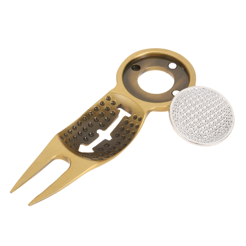 

1 Pc Bronze Golf Divot Repair Tool Metal Golf Pitchfork Magnet with Golf Ball Position Marker Putting Green Golf Training Aids
