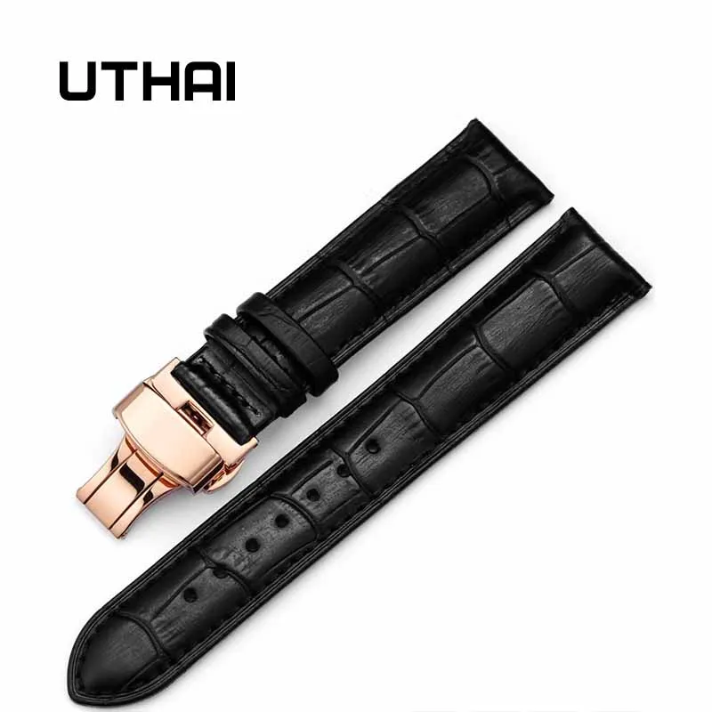 Утхай Z06 дважды щелкните эластичные бабочка туфли с ремешком и пряжкой из воловьей кожи дермальный 14/16/18/19/20/21/22/24 мм наручные часы - Цвет ремешка: Rosegold-Black