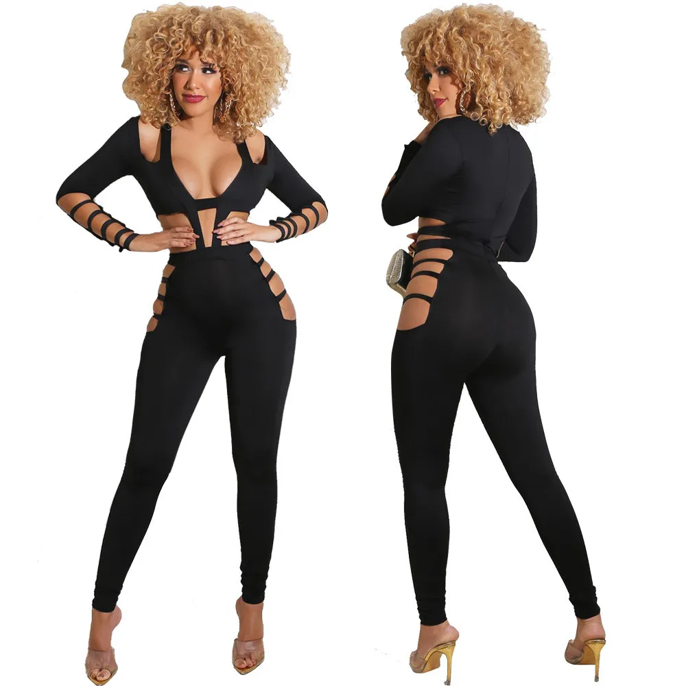 

Sexy Deep V-neck Black Bandage Jumpsuit Women Elegant Celebrity Long Sleeve Hollow Out Night Party Bodycon Romper Club Overalls