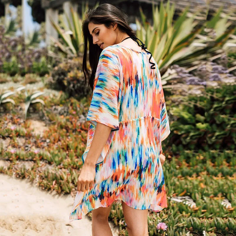 Пляжная накидка туники для пляжа с принтом шифоновый кафтан бикини халат de Beach