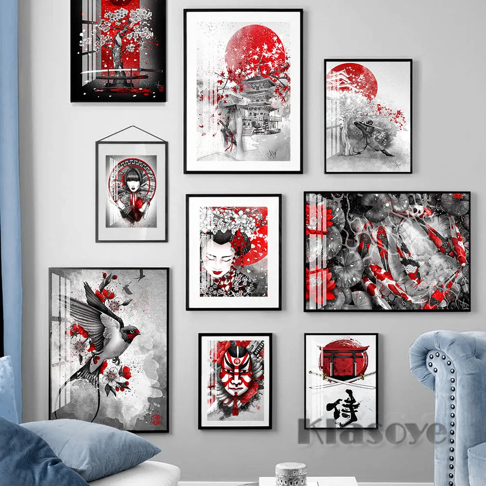 

Geisha Poster Japanese Art Prints Japan Canvas Painting Warrior Swallow Sakura Watercolour Living Room Home Wall Decor Picture