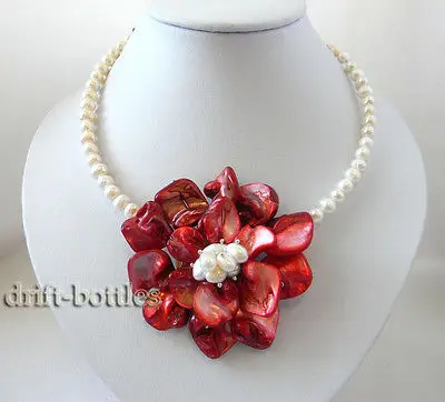 

Handmade 70mm Red Shell Flower White Freshwater Pearl Necklace