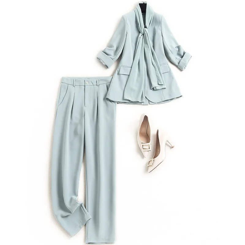 

Women plus size clothing pink blazer suit spring 2021 chiffon bow collar office lady blazers long pants office two piece outfits