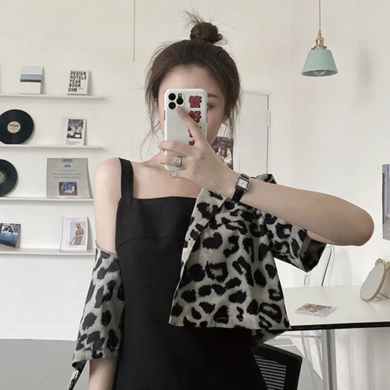 

Temperament goddess fan suit female summer niche leopard print suit shirt black suspender skirt western style two-piece suit