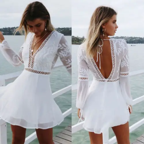 2020 New Silk Women Dress Long Sleeve Bandage Sexy Deep V Neck Backless Dresses Lace Trim Short Mini Sweet Clothes | Женская одежда