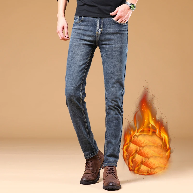 2021 Men's Smart Wool Jeans Business Fashion Straight Regular Blue Stretch Denim Trousers Classic Men Plus Size