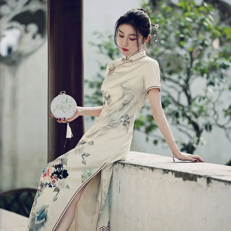 

Женское традиционное китайское платье Ципао с цветочным принтом, облегающее пикантное вечернее праздничное винтажное платье на пуговицах ...