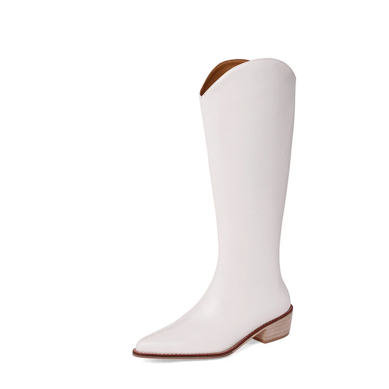 

FOREADA Pointed Toe Knee High Boots Woman High Heel Western Boots Thick Heel Long Boots Zip Ladies Shoes Autumn Winter Beige 40