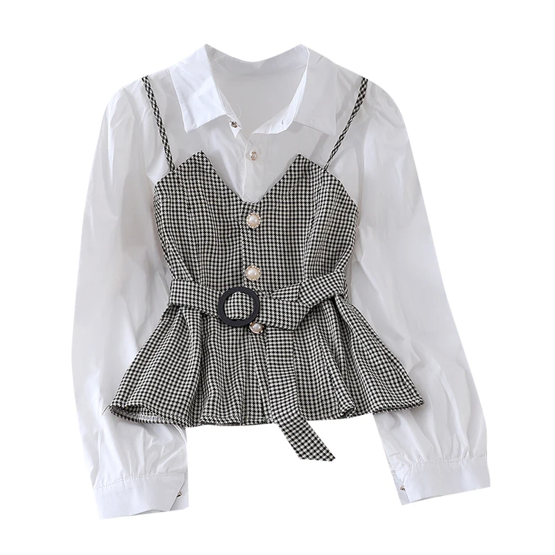 

Spring Autumn Women's Shirt Korean Striped Suspender with Solid Color Long-sleeved Blouse Top New Fake Two-piece Tops GX830