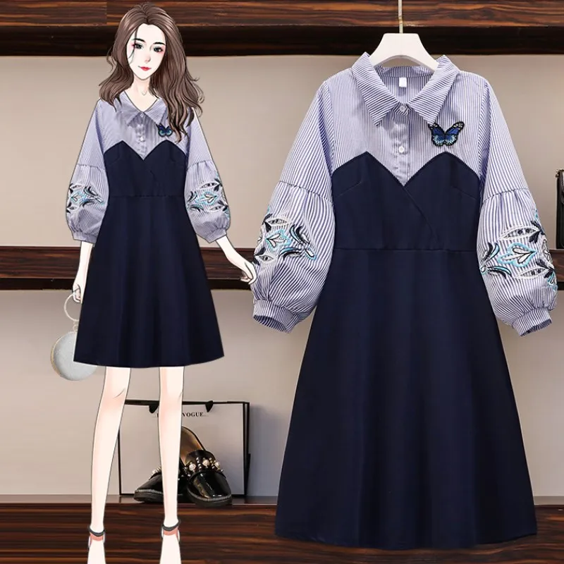 

Вышивкой, Полосатое платье в стиле пэчворк размера плюс L-5XL платье XXL XXXL 3XL XXXXL 4XL с длинными рукавами с коротким и широким подолом тонкий Повс...