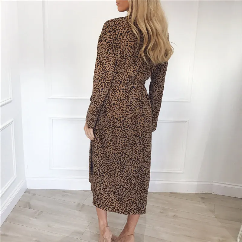 

Leopard Chiffon Dress Women Fashion Dress With Belt Long Sleeve Turn Down Collar Beach Sundresses Robe Femme Vestidos 2XL