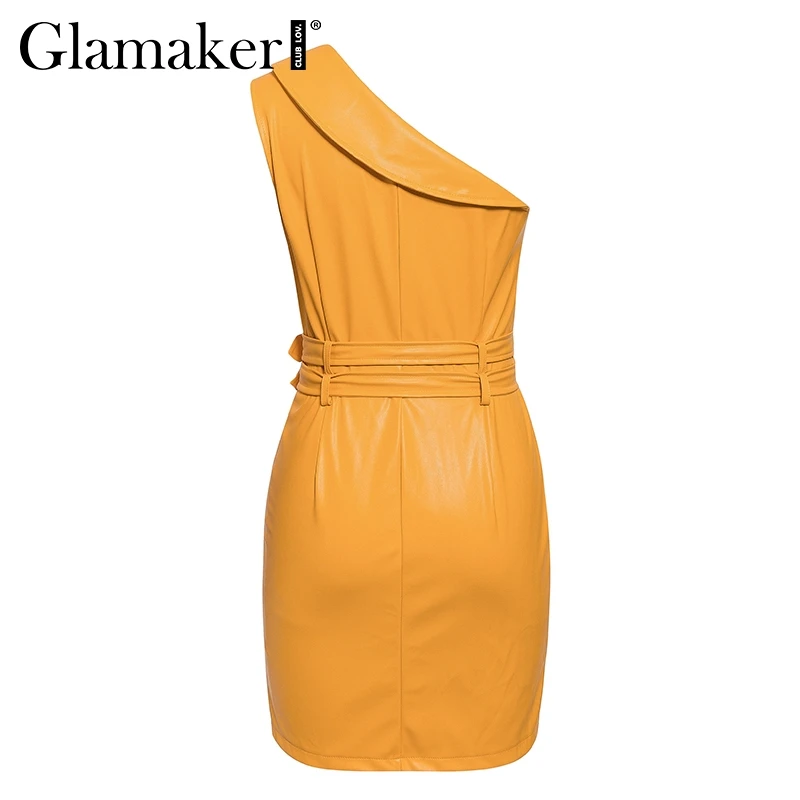 Glamaker, сексуальное короткое платье из искусственной кожи на молнии, женское платье на одно плечо с поясом, осеннее платье, элегантное женское платье для вечеринки, Клубное платье, vestido