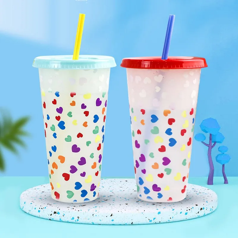 

710ml/24oz Straw Cup W/ Lid Color Changing Love Print Cold Drink Coffee Cup Shiny Plastic Bottle Tumbler Mug Logo Type Available
