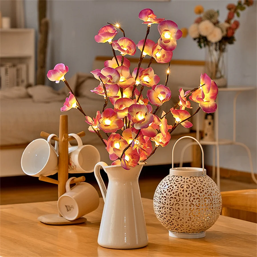 

20LED Artificial Flowers Branch Light Battery Powered Vase Filler Fairy Garland Light Wedding Party Holiday Hotel Desk Light