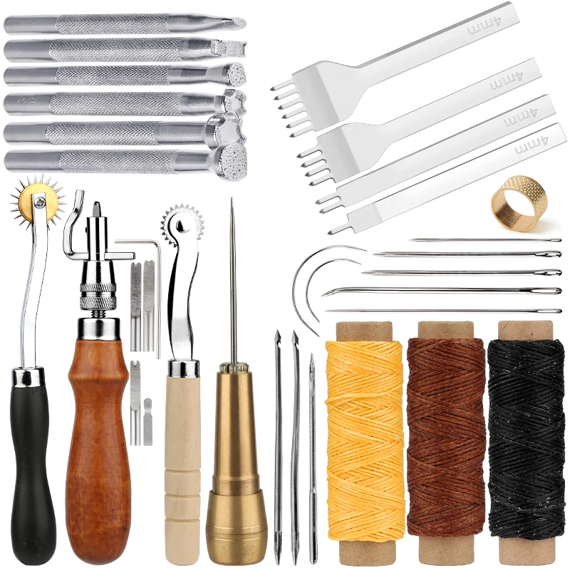 

SHWAKK 28 PCS Leather Sewing Cutting Tools Set With Leather Carving Knife Waxed Thread Sewing Needles Punch Tools For DIY Craft